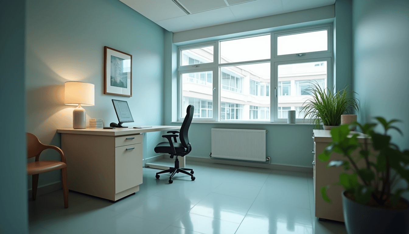 Eye-level view of a cozy medical office with a doctor’s desk and chair