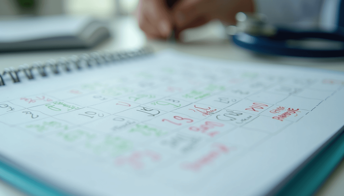 Close-up view of a calendar with medical appointments marked
