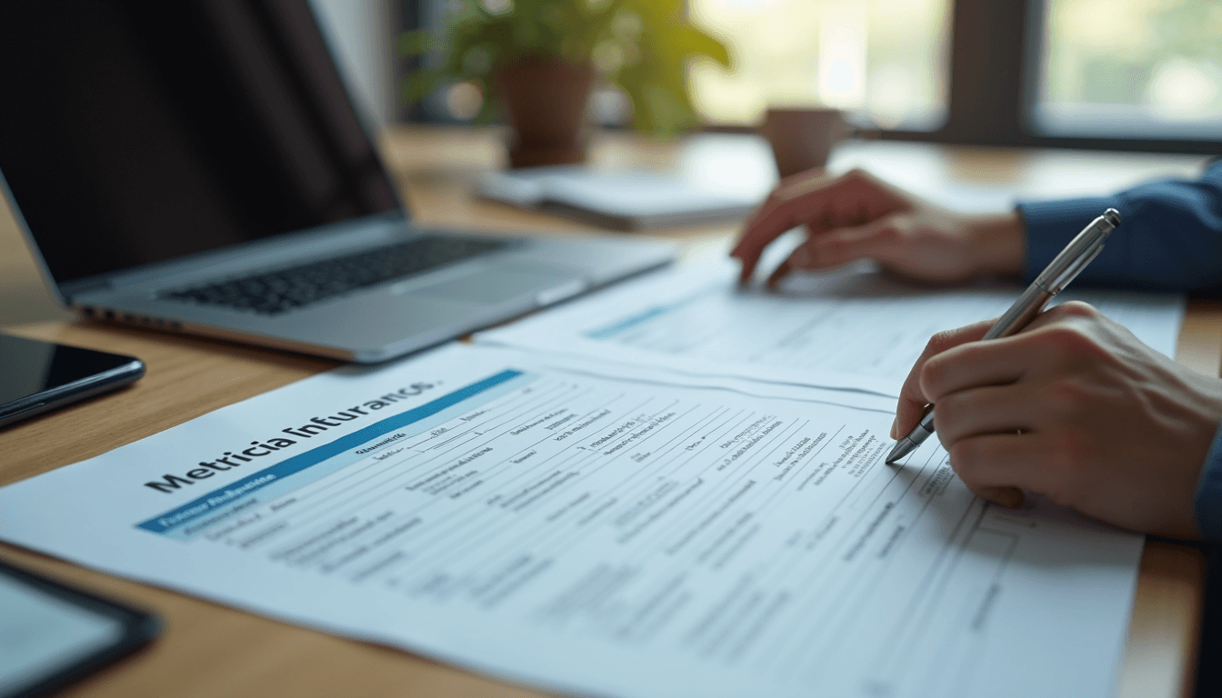 High angle view of a person reviewing medical bills and insurance paperwork