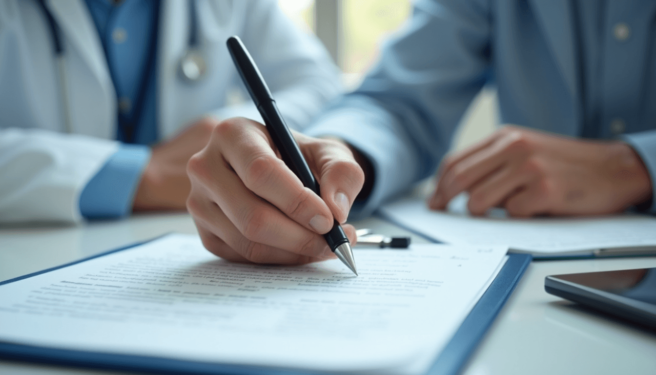 Close-up view of a doctor’s hand writing notes during a patient consultation