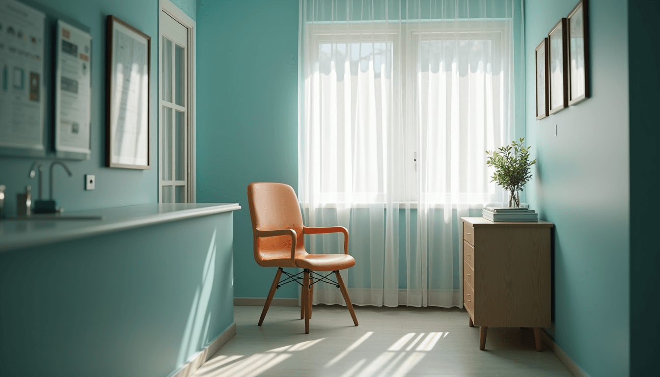 Eye-level view of a cozy medical office with a welcoming chair and desk