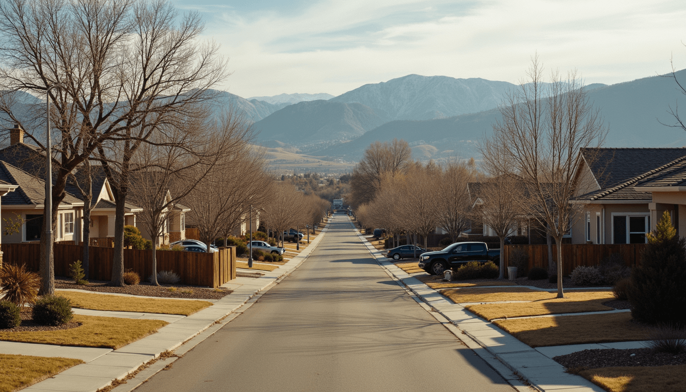 High angle view of a peaceful Colorado Springs neighborhood with mountains in the background