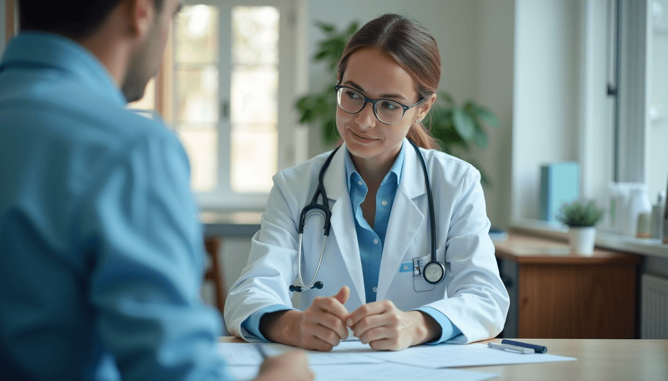 Eye-level view of a cozy medical office with a doctor’s desk and personalized health charts